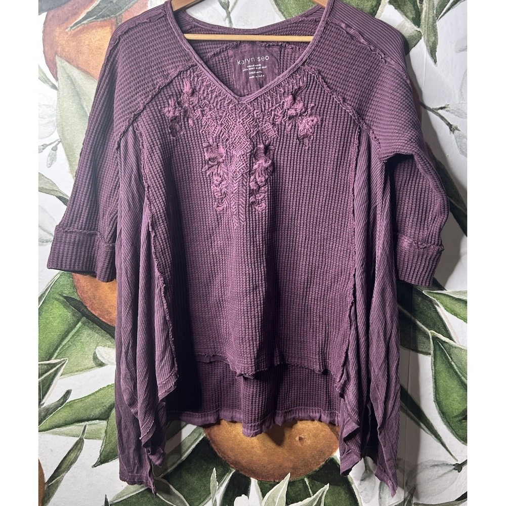 Karyn Seo Floral Embroidered Oversized Shirt Top Womens Medium Purple Boho